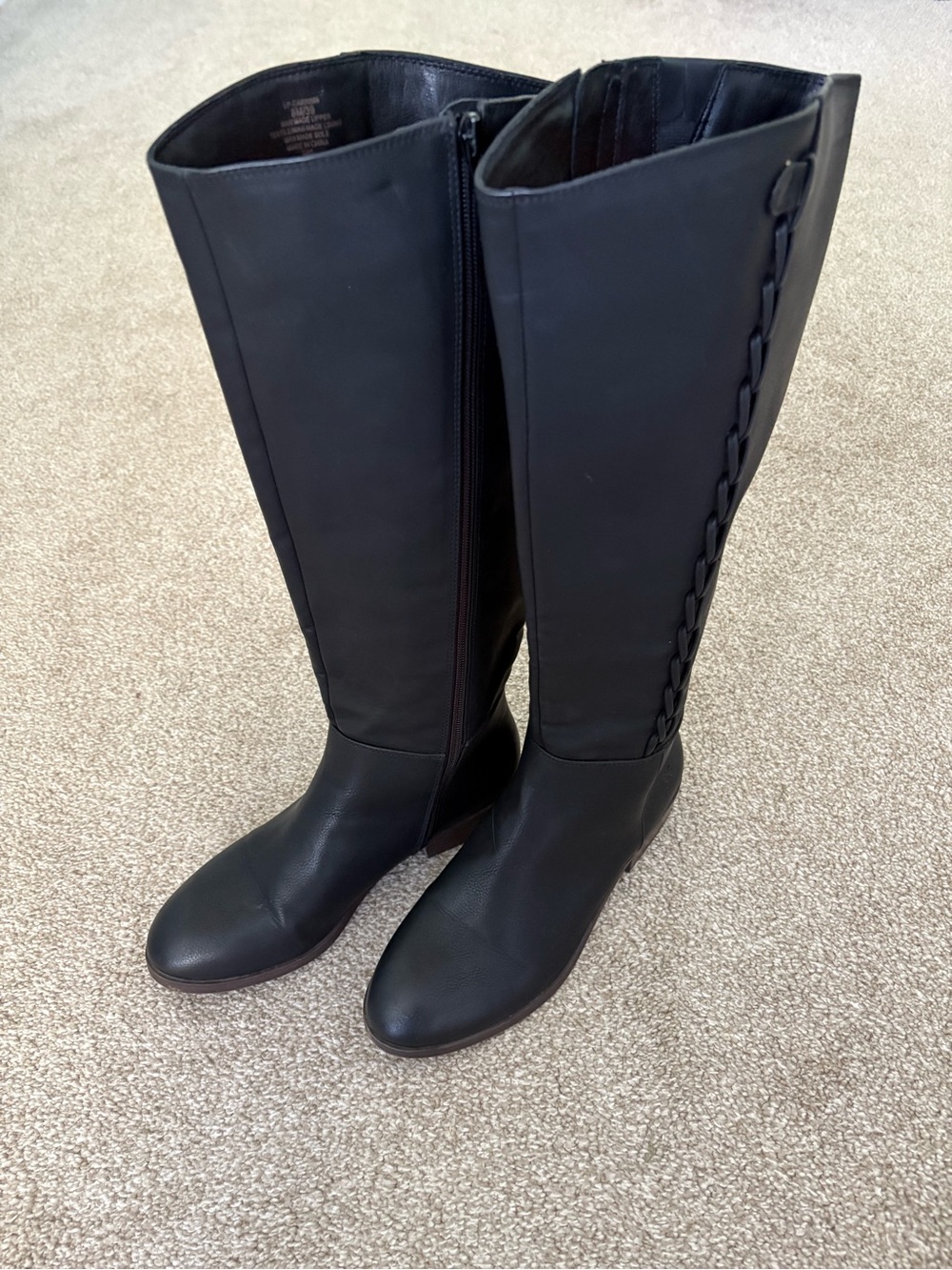 Lucky Brand Black Zip Up Braided Block Heeled Tall Riding Boots Size 8M Classic